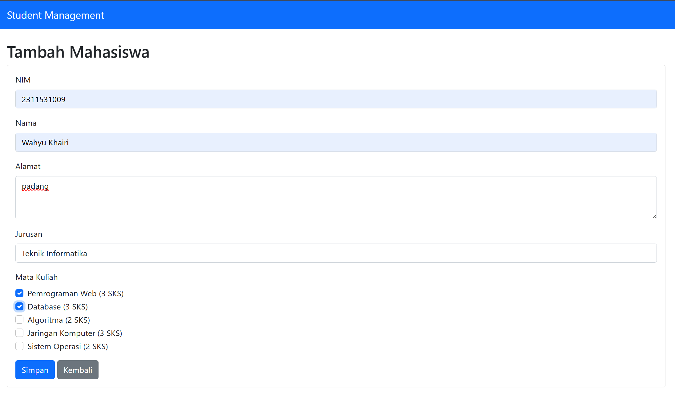 Form Tambah Mahasiswa