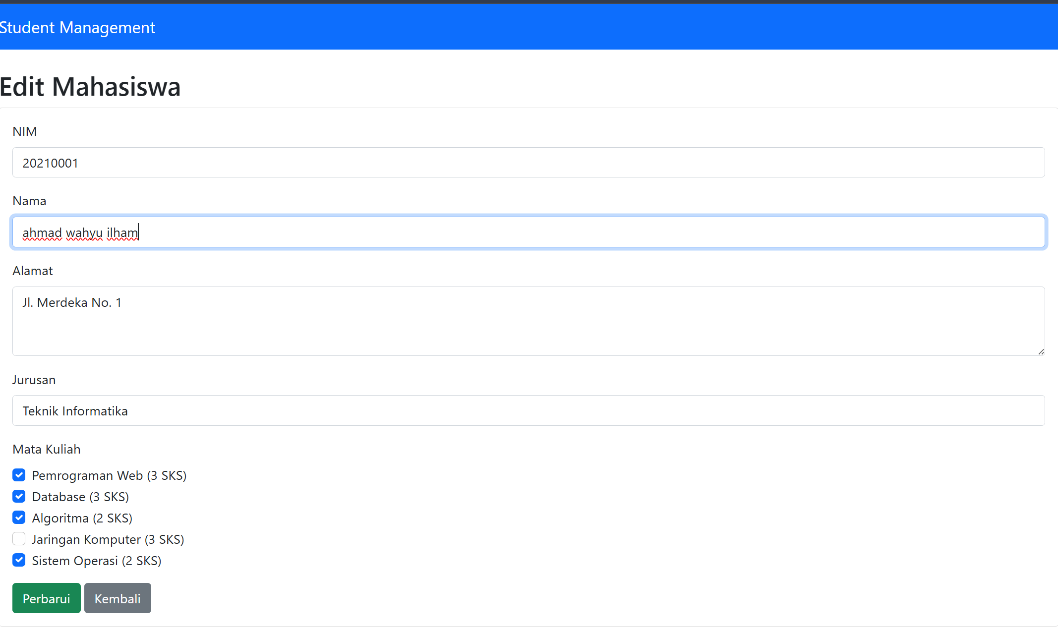 Halaman Edit Mahasiswa